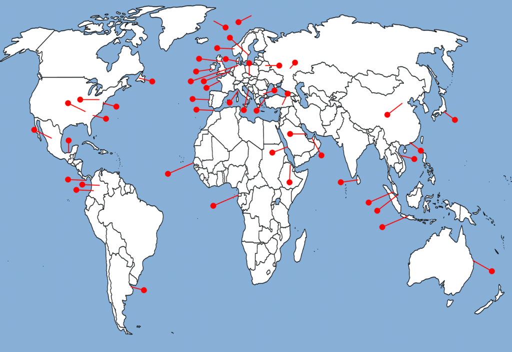 Map of the world. With red pegs, where Kintisk BV als helpt